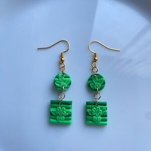 Green Floral Dangle Earrings - Gold Hooks